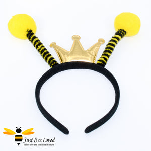 costume bee headband featuring fluffy yellow & black stripe antennae with a gold crown. 
