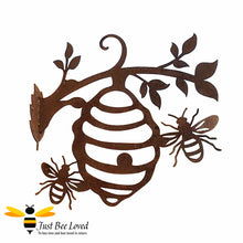 Load image into Gallery viewer, rustic metal garden silhouette decor piece featuring honeybees and a beehive