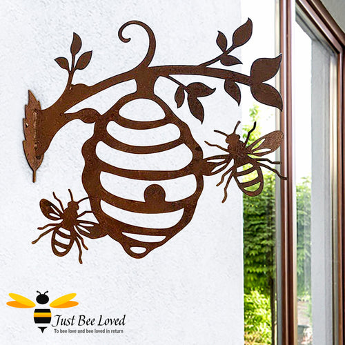 rustic metal garden silhouette decor piece featuring honeybees and a beehive
