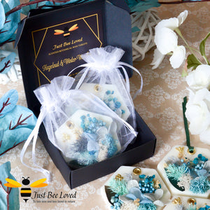 Gift boxed scented botanical vegan wax tablets decorated with blue natural flowers, gold bee, fragrance hazelnut & winter woodland