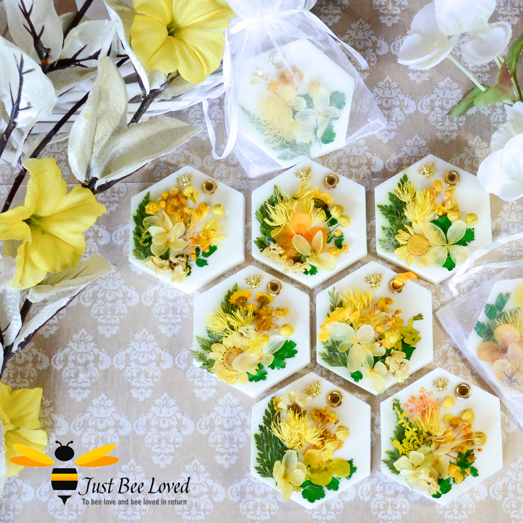 Luxury scented botanical vegan wax tablets decorated with yellow natural flowers, gold bee, fragrance coconut & tropical fruits