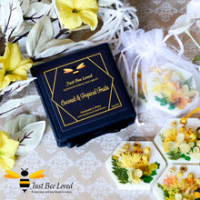 Load image into Gallery viewer, Gift boxed Luxury scented botanical vegan wax tablets decorated with yellow natural flowers, gold bee, fragrance coconut &amp; tropical fruits