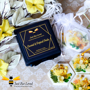 Gift boxed Luxury scented botanical vegan wax tablets decorated with yellow natural flowers, gold bee, fragrance coconut & tropical fruits