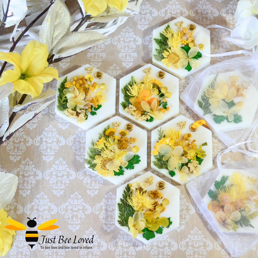 Luxury scented botanical vegan wax tablets decorated with yellow natural flowers, gold bee, fragrance coconut & tropical fruits