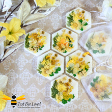 Load image into Gallery viewer, Luxury scented botanical vegan wax tablets decorated with yellow natural flowers, gold bee, fragrance coconut &amp; tropical fruits