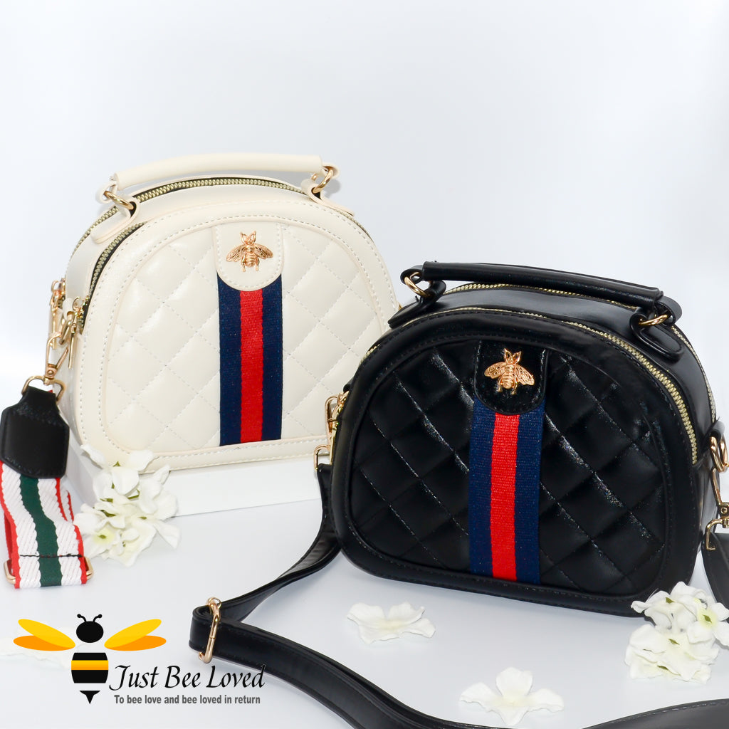 semi-circle handbag featuring a quilted criss-cross pattern design with a honey bee embellishment on contrasting central linen band