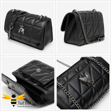 Load image into Gallery viewer, black handbag featuring a quilted criss-cross design with a gunmetal silver bee embellishment