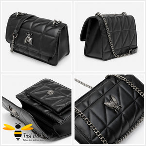 black handbag featuring a quilted criss-cross design with a gunmetal silver bee embellishment