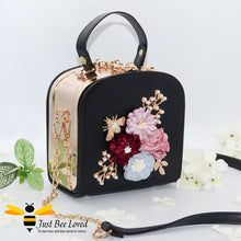 Load image into Gallery viewer, hand-crafted 3D embellished square metal handbag featuring a bouquet of flowers, golden leaves with a pearlised bee in black