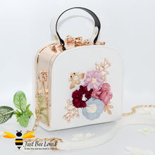 Load image into Gallery viewer, hand-crafted 3D embellished square metal handbag featuring a bouquet of flowers, golden leaves with a pearlised bee in white