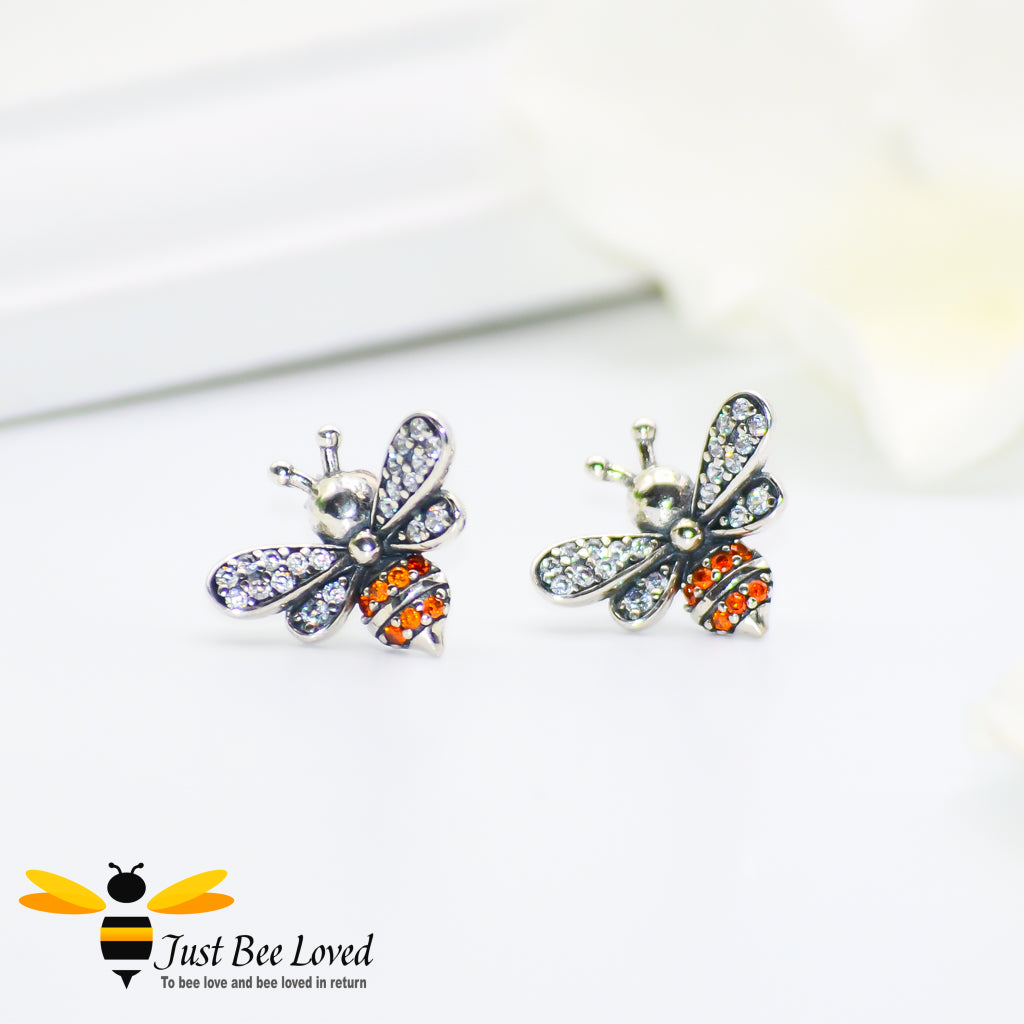 Sterling silver 925 bee stud earrings with orange and clear white crystals