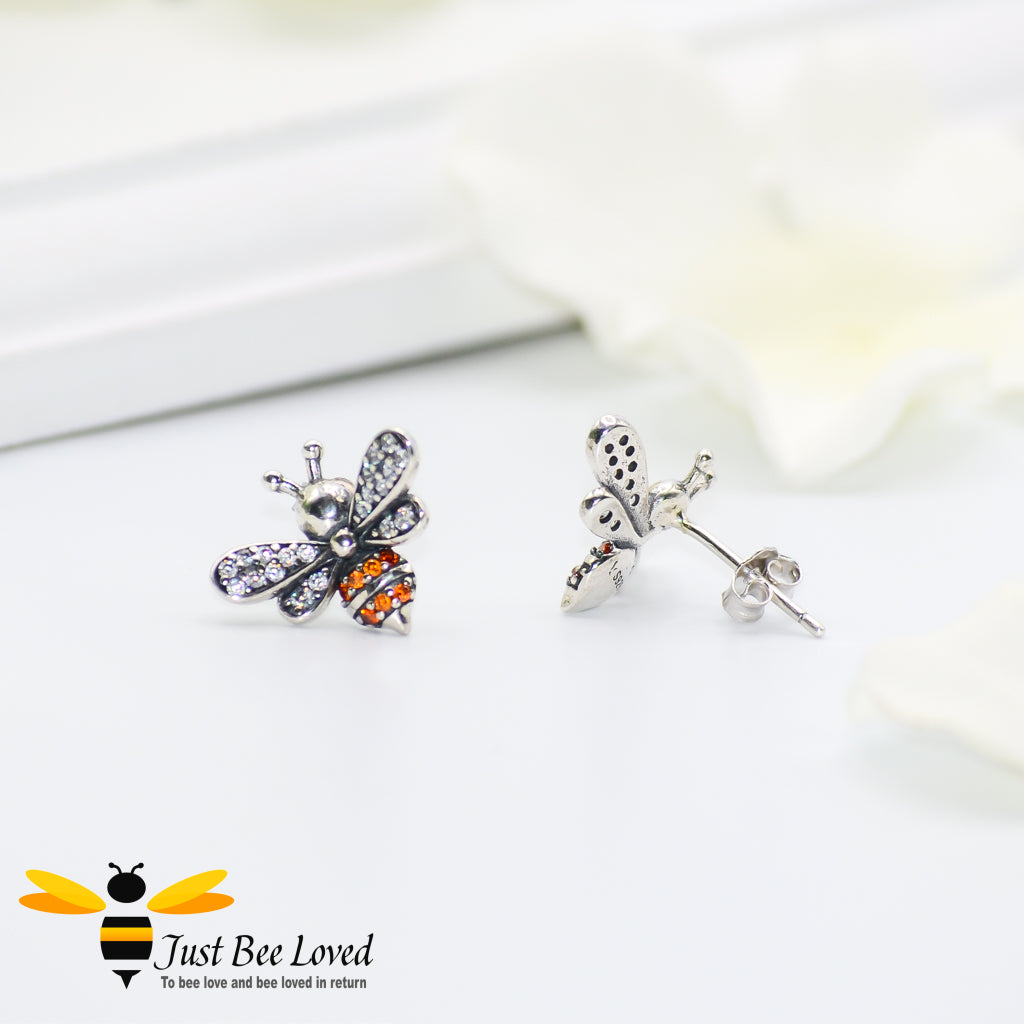 Sterling silver 925 bee stud earrings with orange and white crystals