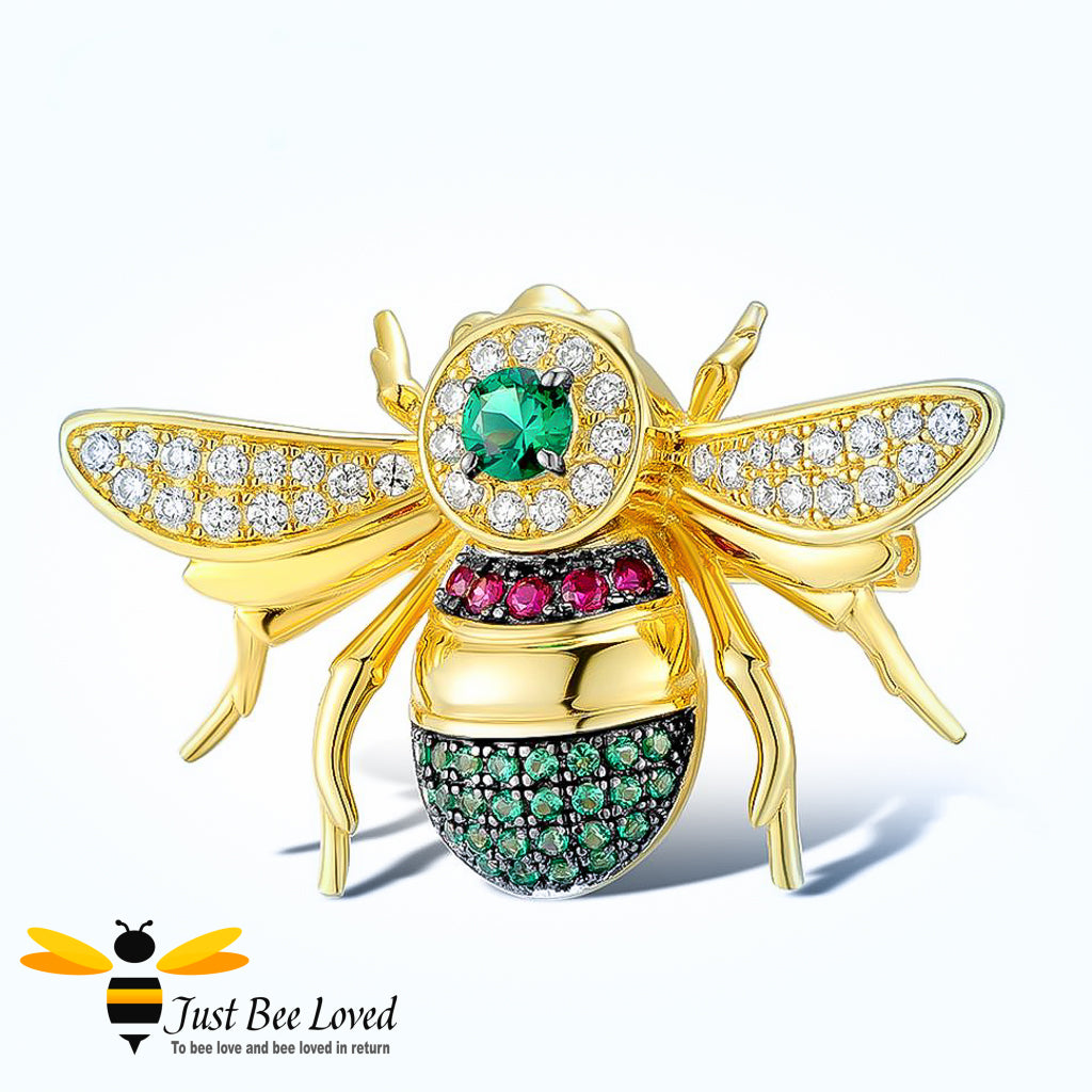 Sterling silver 9ct gold plated bee brooch with rubies and green spinel gemstones