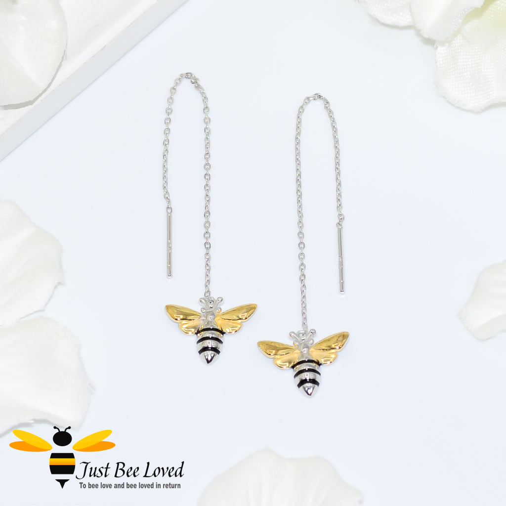honey bee sterling silver thread drop chain earrings featuring 18kt gold plated wings.