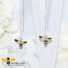 Load image into Gallery viewer, honey bee sterling silver thread drop chain earrings featuring 18kt gold plated wings.