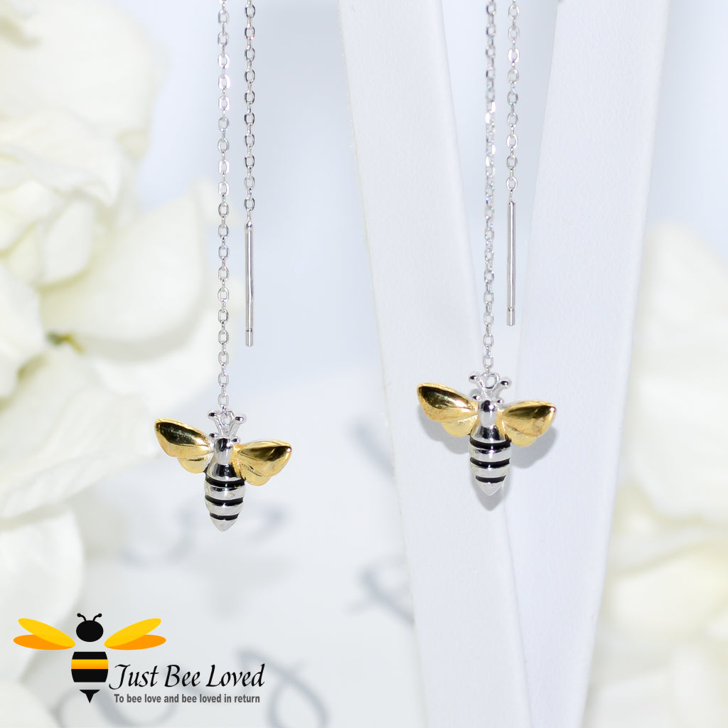 honey bee sterling silver thread drop chain earrings featuring 18kt gold plated wings.