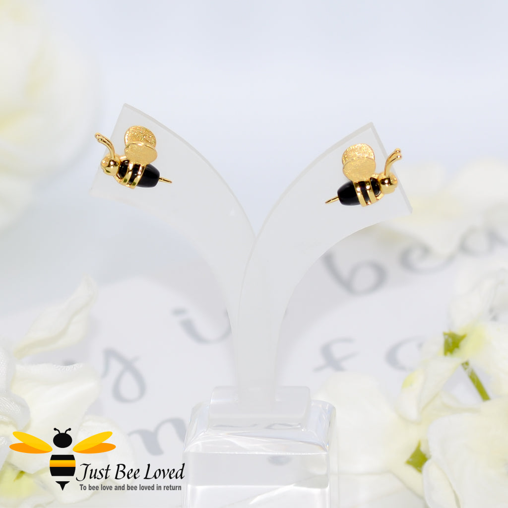 3D Honey Bee Sterling Silver Stud Earrings, 18kt gold plated