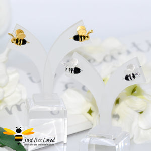 Sterling silver black and 18kt gold plated 3D bee stud earrings