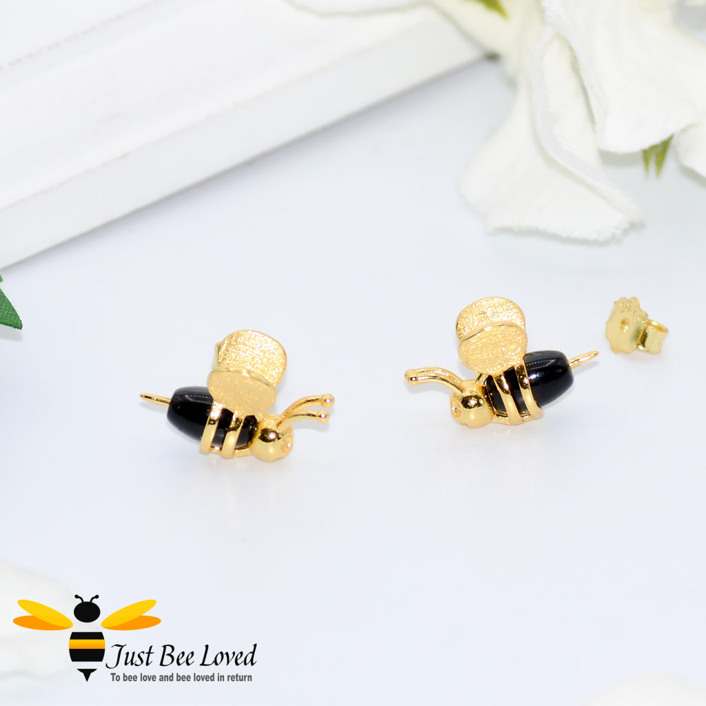 3D Honey Bee Sterling Silver Stud Earrings, 18kt gold plated