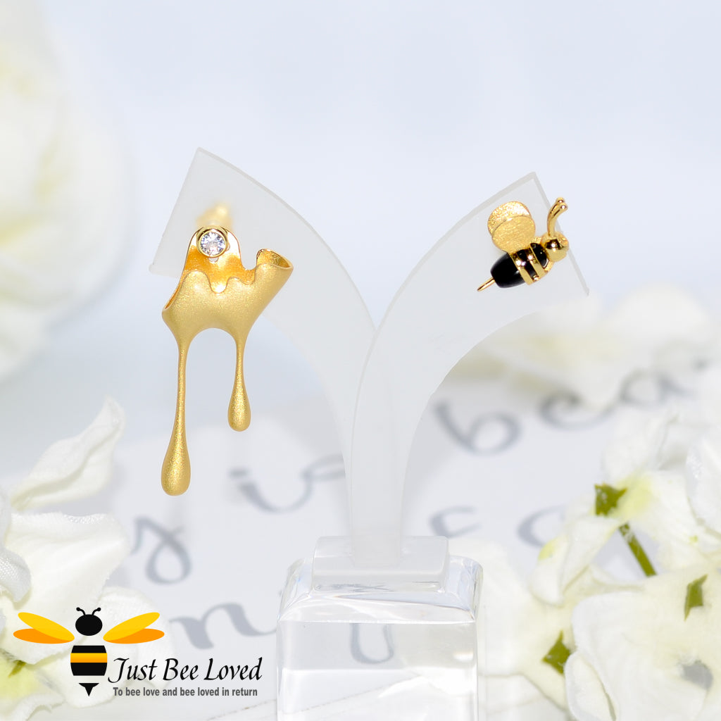 18kt gold plated asymmetrical honey drips and bee stud sterling silver earrings.  