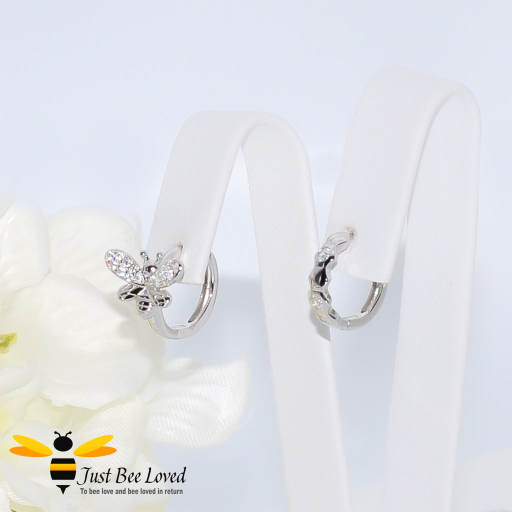 Asymmetrical bee and honeycomb sterling silver hoop earrings