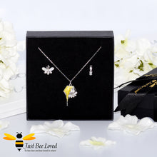 Load image into Gallery viewer, 2 piece sterling silver bee and honeycomb jewellery set of earrings and matching necklace in gift box.