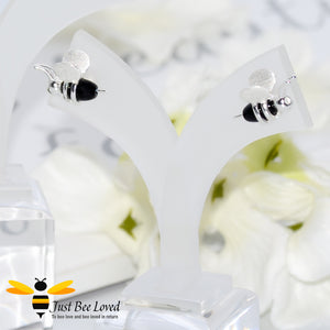3D Honey Bee Sterling Silver & Black agate stone Stud Earrings
