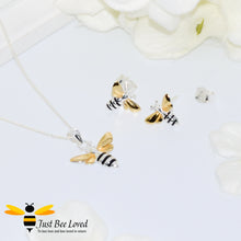 Load image into Gallery viewer, 2-piece sterling silver jewellery set featuring 18kt gold plated honey bee pendant necklace with matching stud earrings.