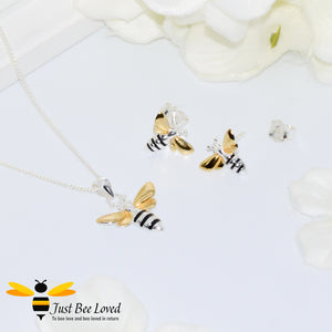 2-piece sterling silver jewellery set featuring 18kt gold plated honey bee pendant necklace with matching stud earrings.