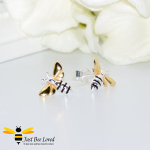 sterling silver honey bee stud earrings featuring 18kt gold plated wings.