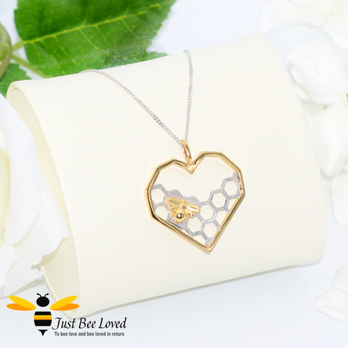 Honeycomb heart with little honey bee sterling silver pendant neck. 18kt gold plated heart frame and honey bee on silver chain