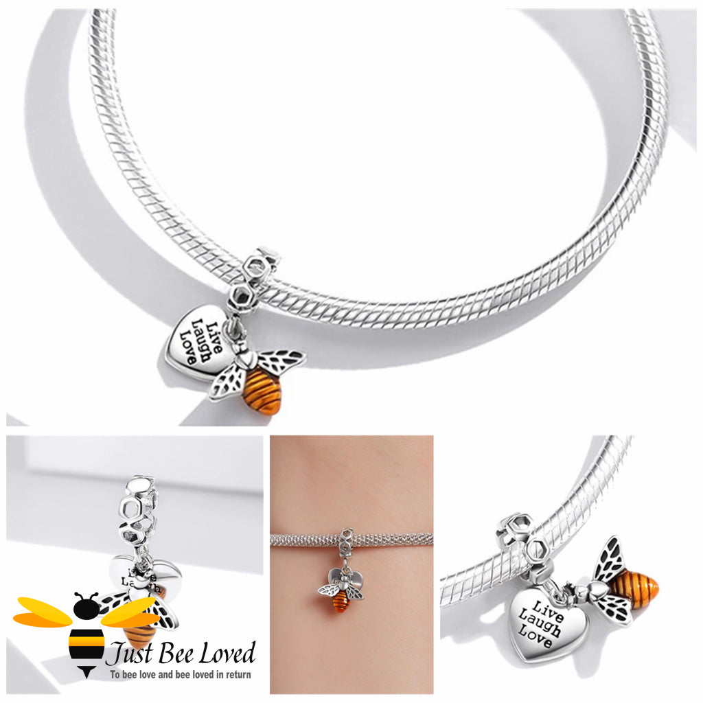 sterling silver hoop charm featuring a honey bee paired with an engraved heart with the text 