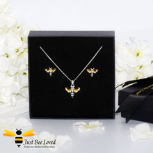 Load image into Gallery viewer, 2-piece sterling silver jewellery set featuring 18kt gold plated honey bee pendant necklace with matching stud earrings presented in ribbon gift box
