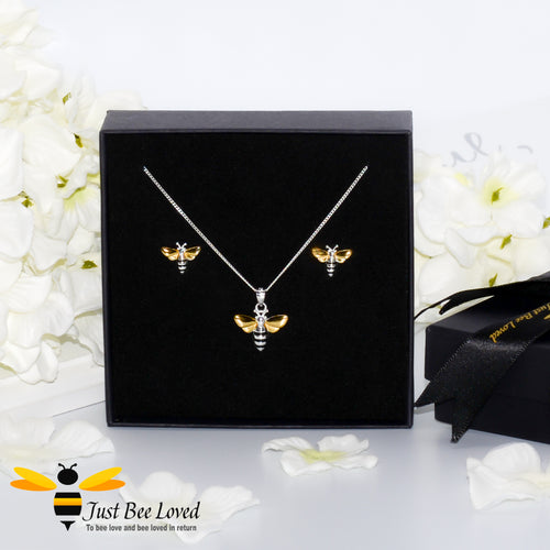 2-piece sterling silver jewellery set featuring 18kt gold plated honey bee pendant necklace with matching stud earrings presented in ribbon gift box