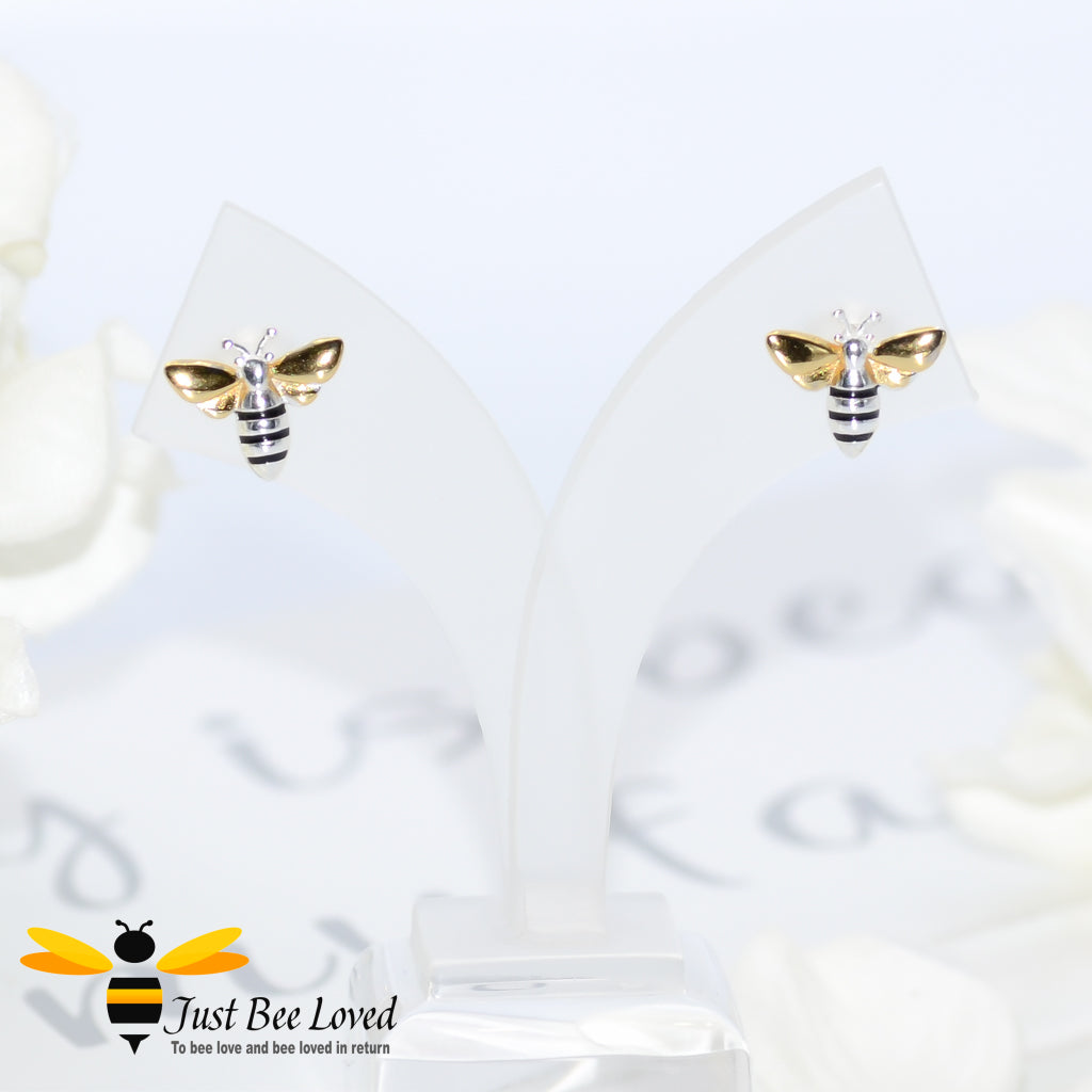 sterling silver honey bee stud earrings featuring 18kt gold plated wings.