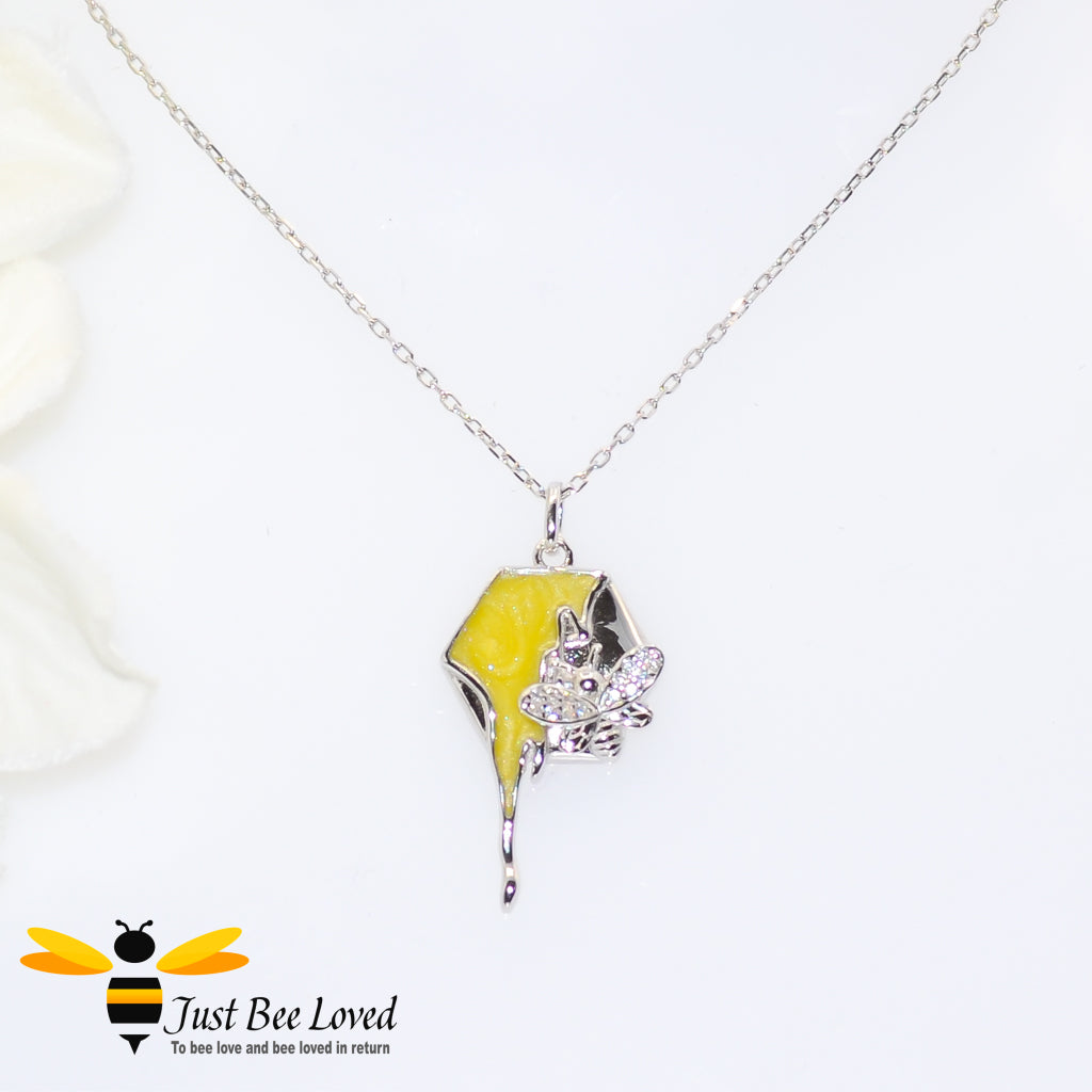 Sterling silver honeycomb drip and bee necklace