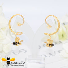 Load image into Gallery viewer, sterling silver spiral drop earrings feature a 3D honey bee in 18kt gold plated