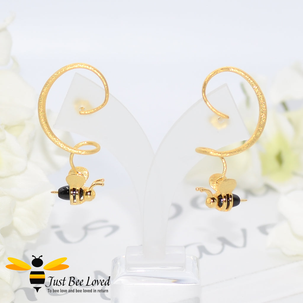 sterling silver spiral drop earrings feature a 3D honey bee in 18kt gold plated