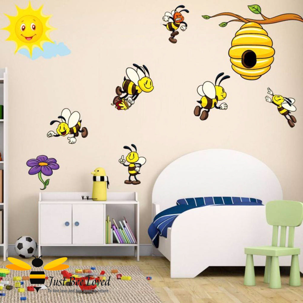 Children's bees hive sun and flower wall decal decor sticker 10 piece set