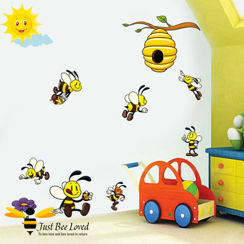 Children's bees hive sun and flower wall decal decor sticker 10 piece set