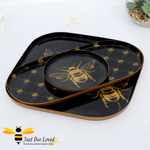 Temerity Jones black and gold 3 piece plateau tray set decorated with gold bumblebees