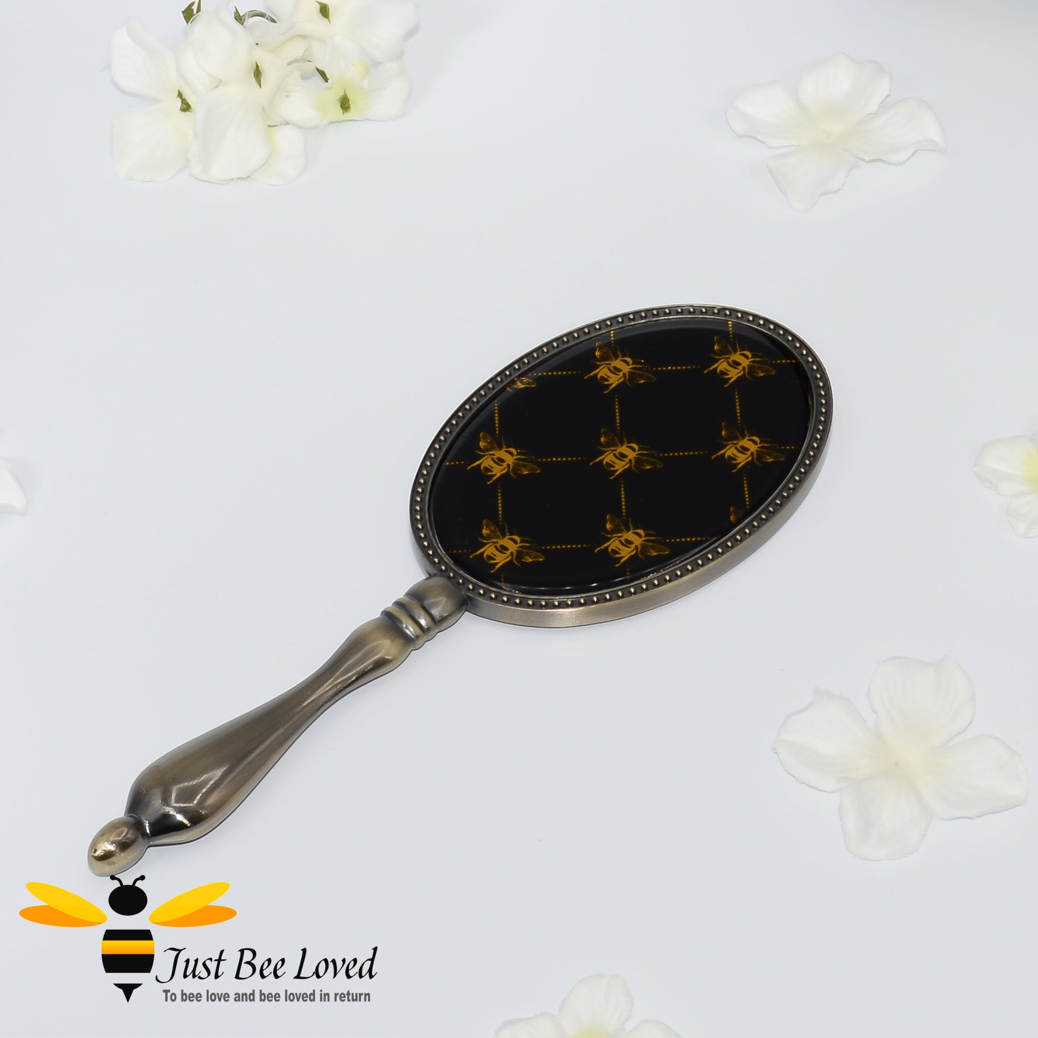 Temerity Jones London Black & Gold Glass bee Vintage Hand Mirror