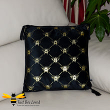 Load image into Gallery viewer, Black velvet scatter cushion with all over gold bumblebees