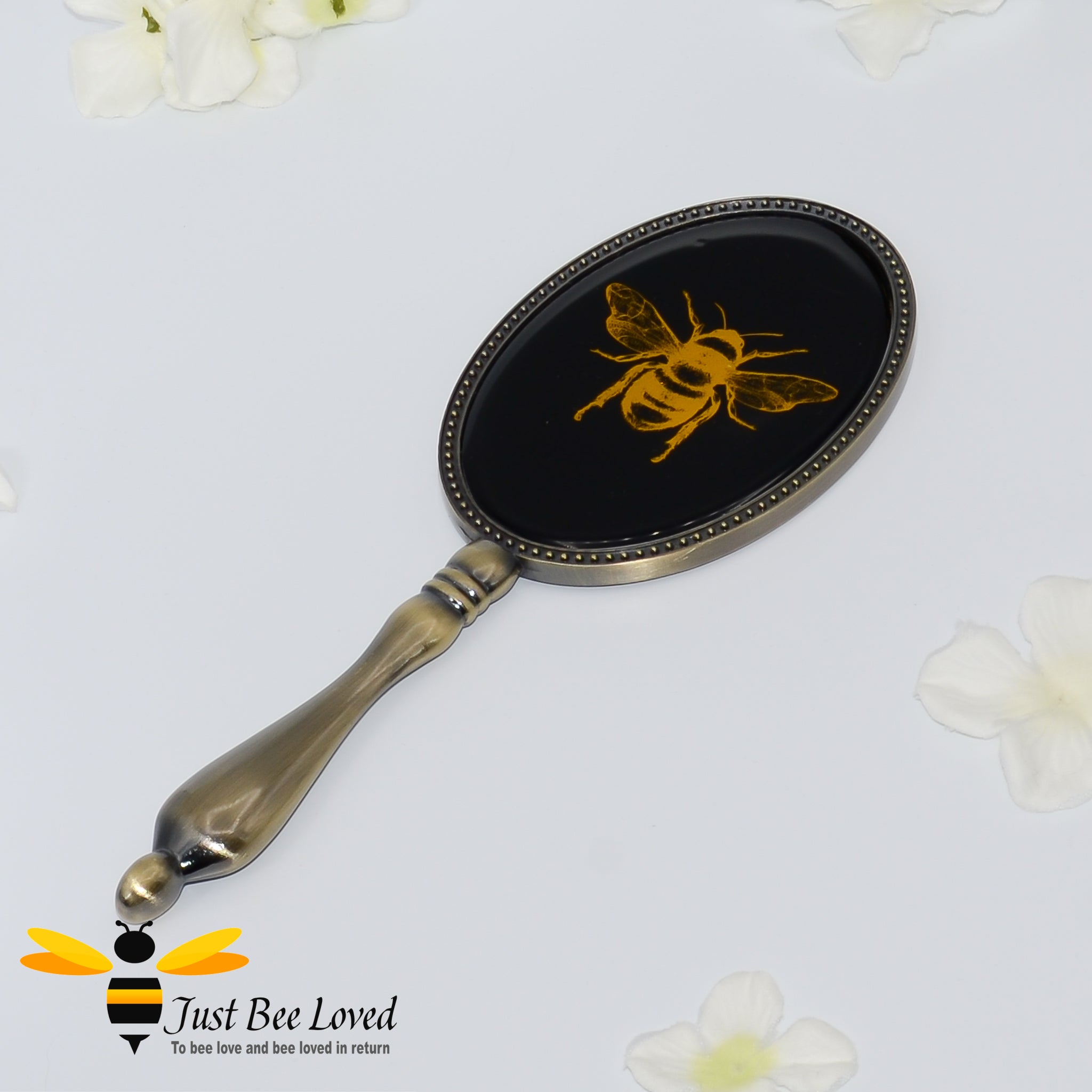 Temerity Jones London Black & Gold Glass Bee Vintage Hand Mirror