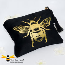 Load image into Gallery viewer, Temerity Jones faux suede black and gold make-up toiletries bag with gold bumblebee