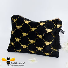 Load image into Gallery viewer, Temerity Jones faux suede black and gold make-up toiletries bag with gold bumblebees