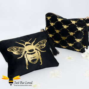 Temerity Jones faux suede black and gold make-up toiletries bag with gold bumblebees