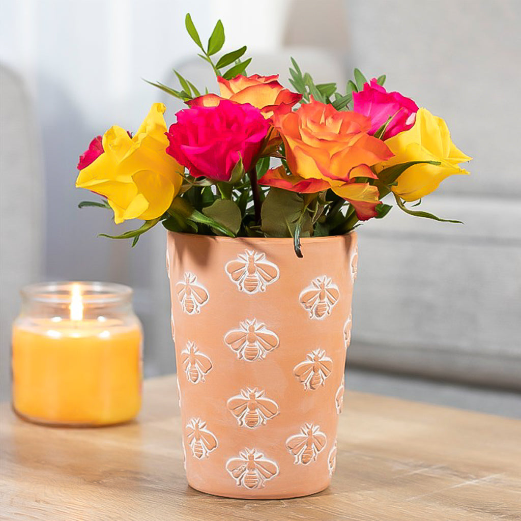 Large Terracotta Plant pot featuring an all over embossed bees design