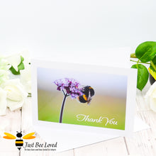 Load image into Gallery viewer, A photographic greeting card featuring a portrait of a bumblebee on a purpletop verbena plant, with &#39;Thank You&#39; text.