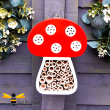 Load image into Gallery viewer, wooden Toadstool shaped bee and insect hotel house in white and red